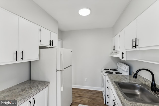 kitchen featuring white cabinetry, sink, dark hardwood / wood-style floors, and white appliances