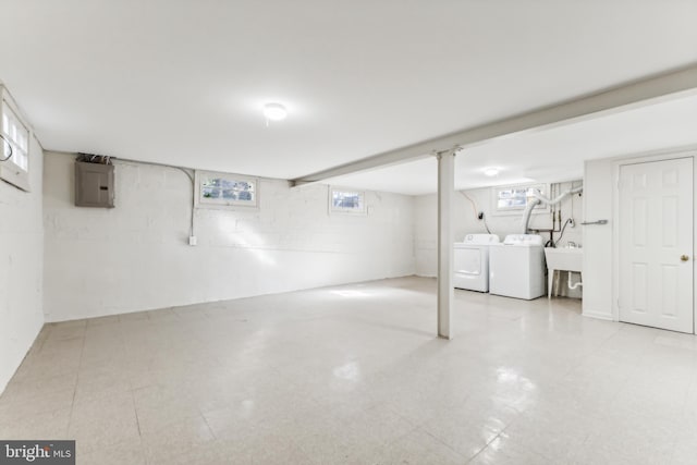 basement featuring separate washer and dryer and electric panel