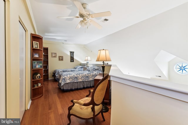 bedroom featuring hardwood / wood-style floors and ceiling fan