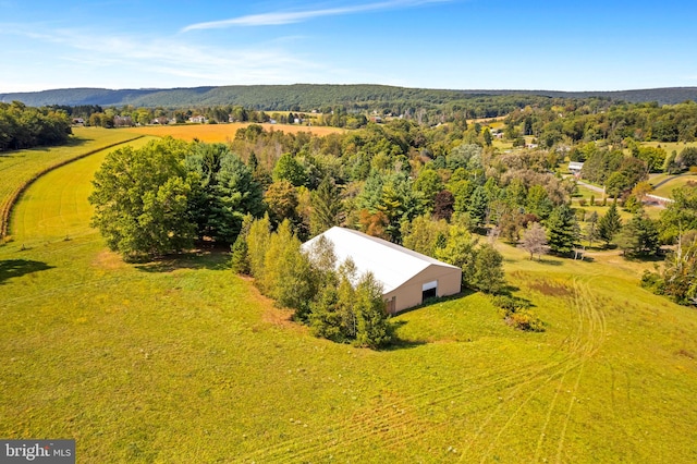 birds eye view of property featuring a mountain view and a rural view