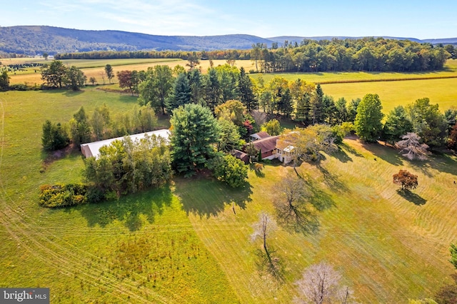 bird's eye view featuring a mountain view and a rural view