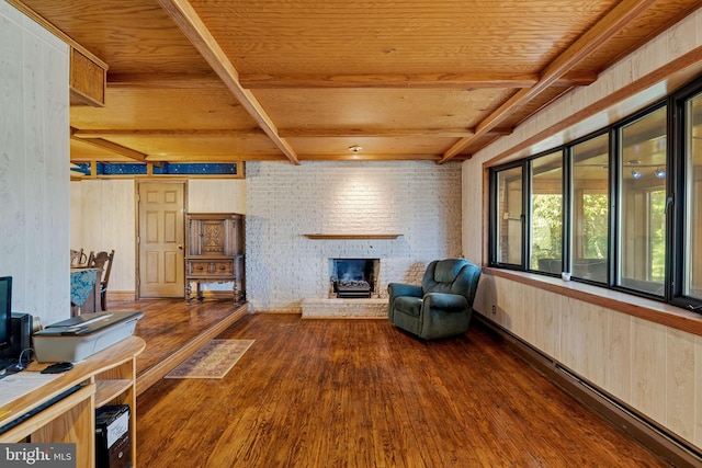 sitting room featuring dark wood-type flooring, a brick fireplace, beamed ceiling, wooden walls, and wood ceiling