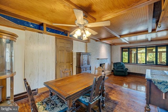 dining room with ceiling fan, dark wood-type flooring, wooden ceiling, wooden walls, and a fireplace