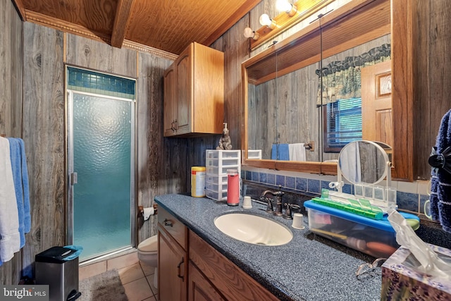 bathroom featuring wooden ceiling, tile patterned floors, wood walls, vanity, and a shower with shower door