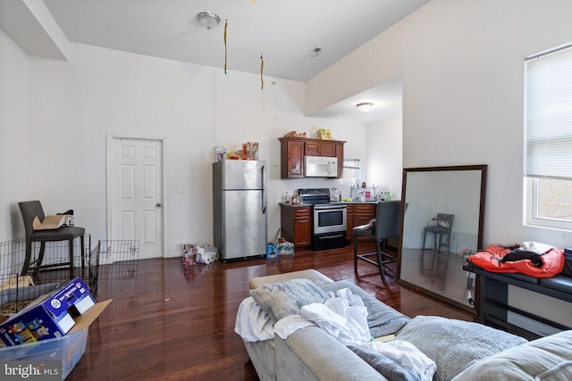 living room with dark hardwood / wood-style floors