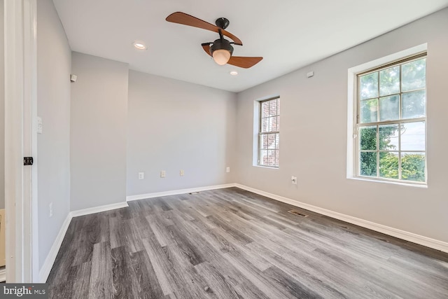 empty room with wood-type flooring, plenty of natural light, and ceiling fan