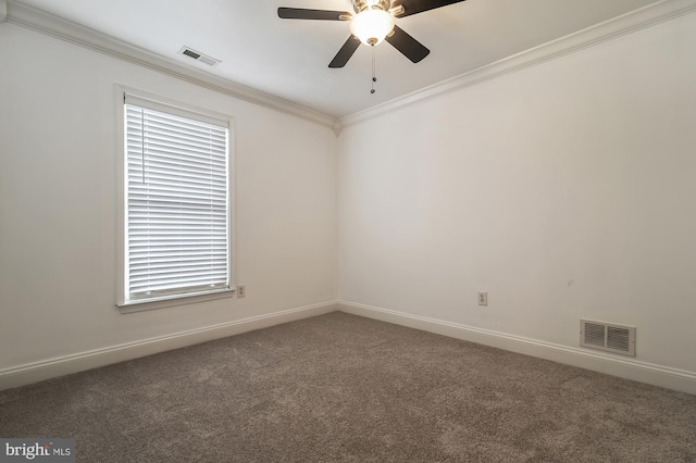 carpeted empty room with ceiling fan and ornamental molding