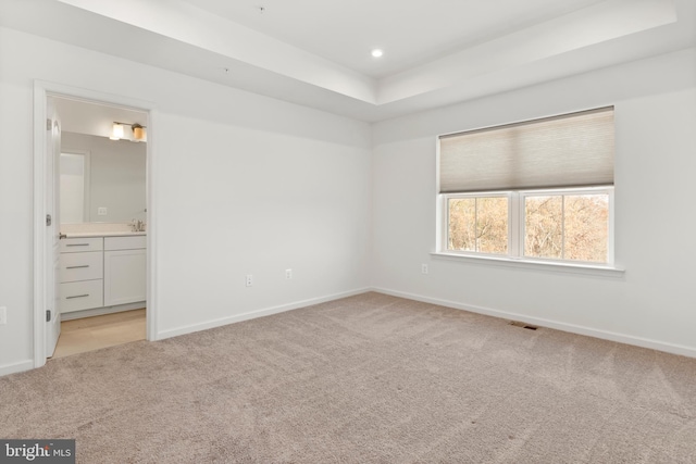 carpeted spare room featuring a raised ceiling