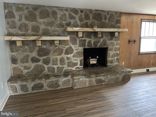 details with hardwood / wood-style floors and a stone fireplace