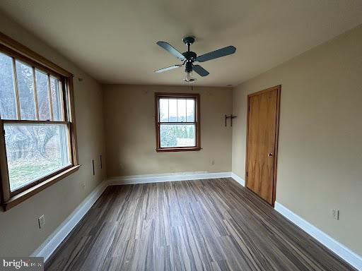 spare room with ceiling fan and dark wood-type flooring