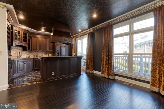 kitchen with custom exhaust hood, tasteful backsplash, black oven, and dark hardwood / wood-style flooring