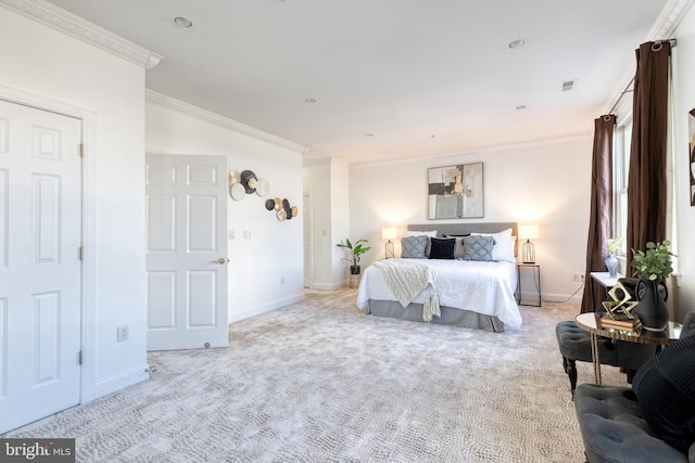 carpeted bedroom with crown molding