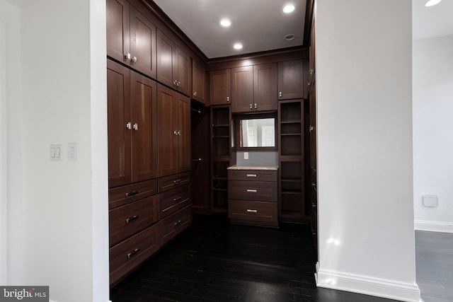 spacious closet with dark hardwood / wood-style flooring