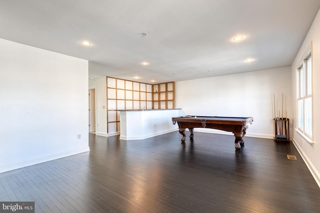 recreation room featuring billiards and dark hardwood / wood-style floors