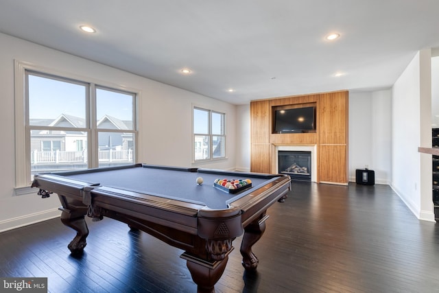 rec room with dark hardwood / wood-style floors and billiards