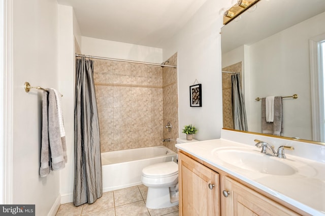 full bathroom featuring tile patterned floors, toilet, shower / tub combo, and vanity