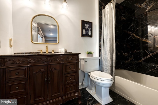 full bathroom with vanity, toilet, and shower / bath combo with shower curtain