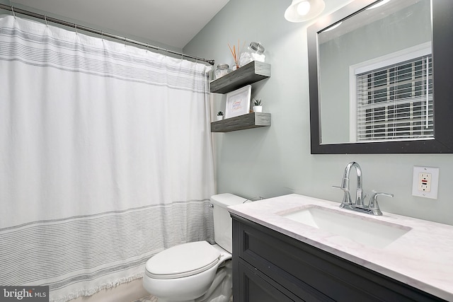 bathroom featuring vanity, toilet, and curtained shower