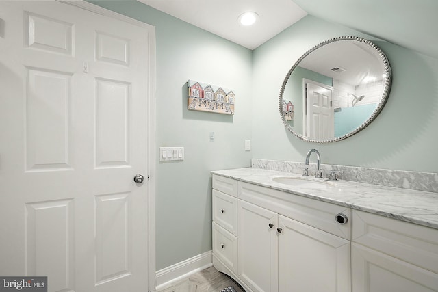 13801 Fountain Rd, Ocean City, MD 21842 - bathroom with vanity, baseboards, marble finish flooring, and recessed lighting