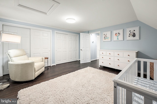 13801 Fountain Rd, Ocean City, MD 21842 - bedroom with two closets, dark wood finished floors, a crib, and lofted ceiling