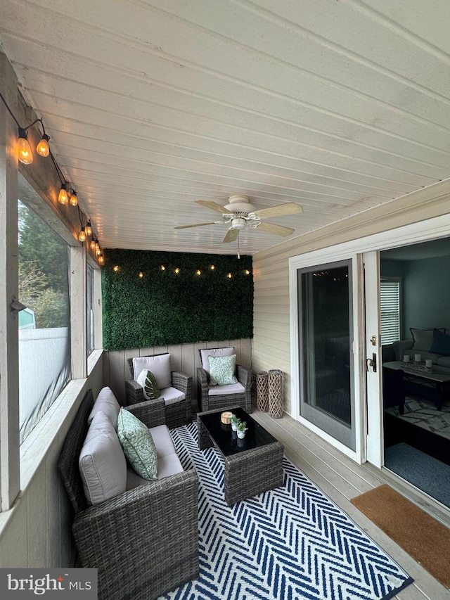 13801 Fountain Rd, Ocean City, MD 21842 - sunroom / solarium featuring outdoor lounge area and a ceiling fan