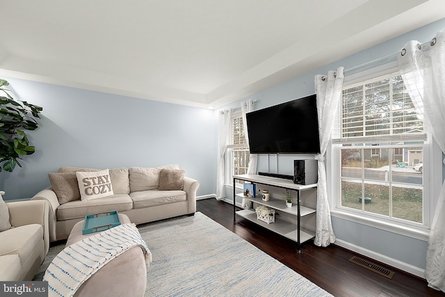 living room featuring dark hardwood / wood-style floors and a healthy amount of sunlight