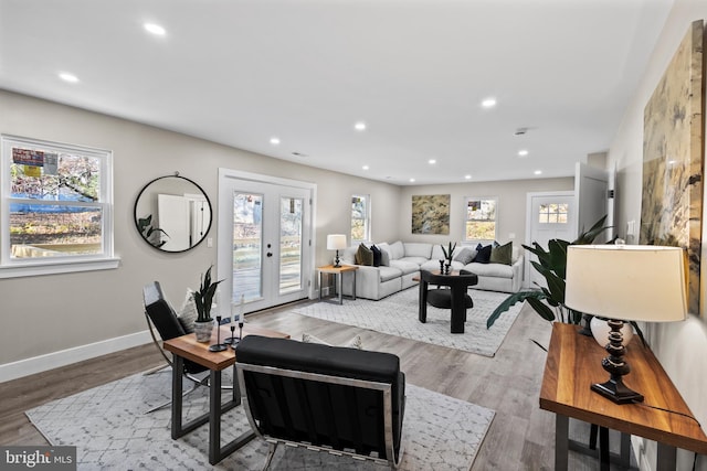 living room with hardwood / wood-style floors and french doors