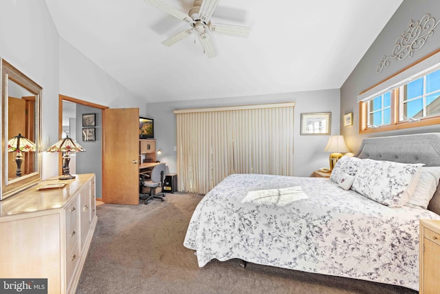 bedroom featuring light carpet, ceiling fan, and vaulted ceiling