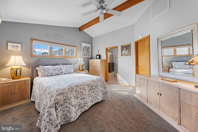 bedroom with dark colored carpet, vaulted ceiling with beams, and ceiling fan