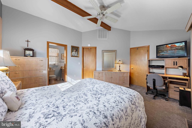 carpeted bedroom featuring beamed ceiling, ensuite bathroom, high vaulted ceiling, and ceiling fan