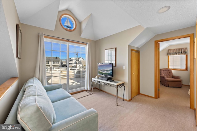 living area with light carpet, a textured ceiling, and lofted ceiling