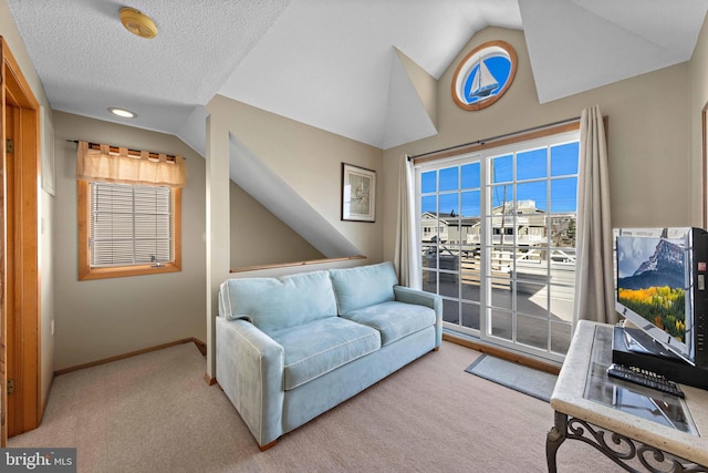 carpeted living room with a textured ceiling and vaulted ceiling