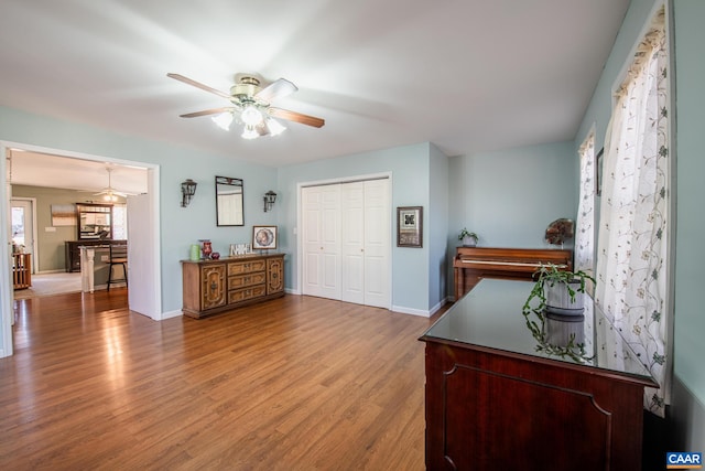 foyer with ceiling fan and wood-type flooring