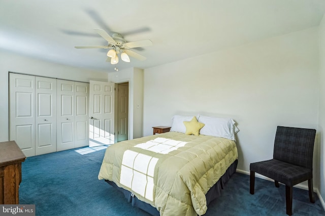 bedroom featuring dark carpet, a closet, and ceiling fan