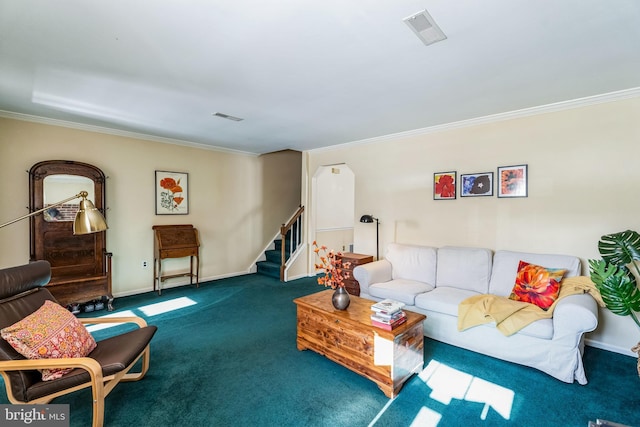 living room with dark colored carpet and ornamental molding