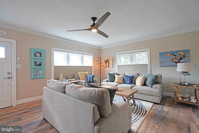 living room with dark hardwood / wood-style flooring, ornamental molding, and ceiling fan