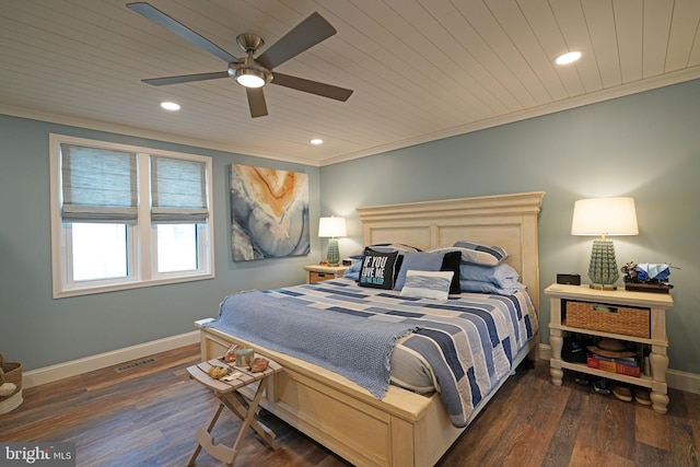 bedroom featuring crown molding, dark hardwood / wood-style floors, and wooden ceiling