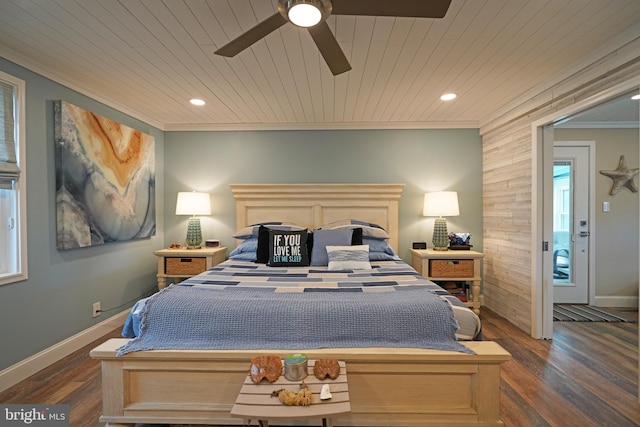 bedroom featuring crown molding, ceiling fan, wooden ceiling, and dark hardwood / wood-style flooring