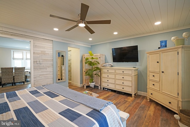 bedroom with ornamental molding, ceiling fan, wooden ceiling, and dark hardwood / wood-style flooring