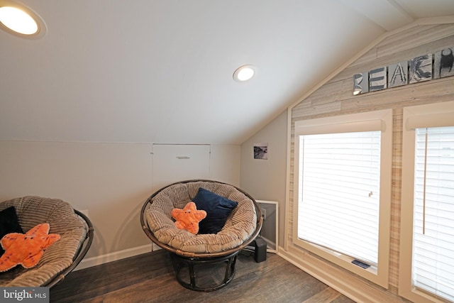 sitting room featuring dark wood-type flooring and lofted ceiling