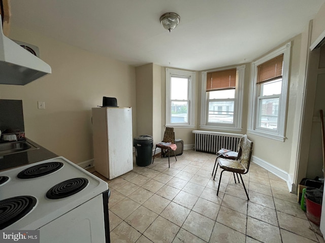 kitchen featuring radiator, white appliances, light tile patterned floors, and a wealth of natural light