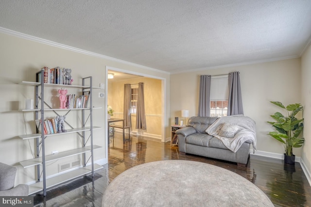 living room featuring a textured ceiling, dark hardwood / wood-style flooring, and crown molding