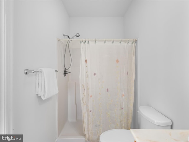 bathroom with a shower with curtain, toilet, and vanity