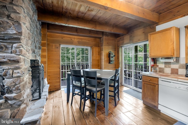 dining space with beam ceiling, wood walls, wood ceiling, and light hardwood / wood-style floors