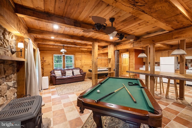 game room with ceiling fan, beamed ceiling, wooden ceiling, and pool table