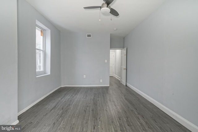 unfurnished room featuring ceiling fan and dark wood-type flooring