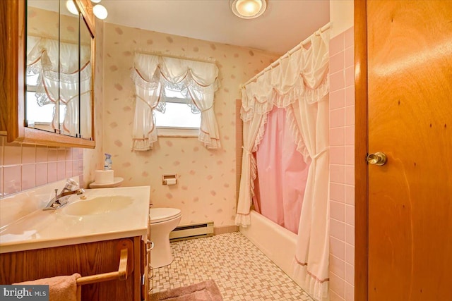 full bathroom featuring vanity, toilet, shower / bathtub combination with curtain, and baseboard heating