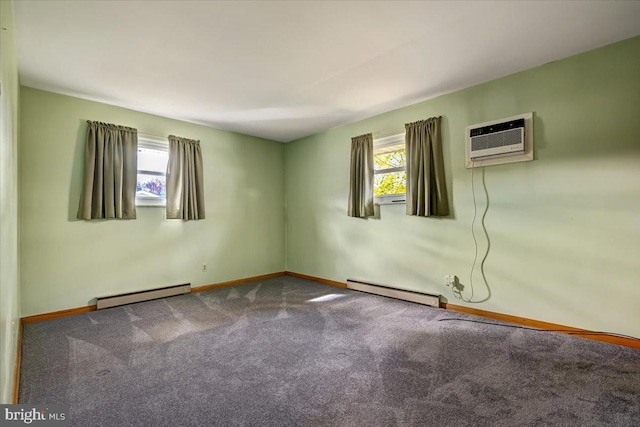 unfurnished room with a wall mounted air conditioner, carpet floors, and a baseboard radiator