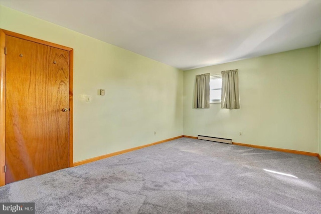 carpeted empty room with baseboard heating