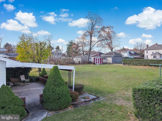 view of yard featuring a patio and a storage unit